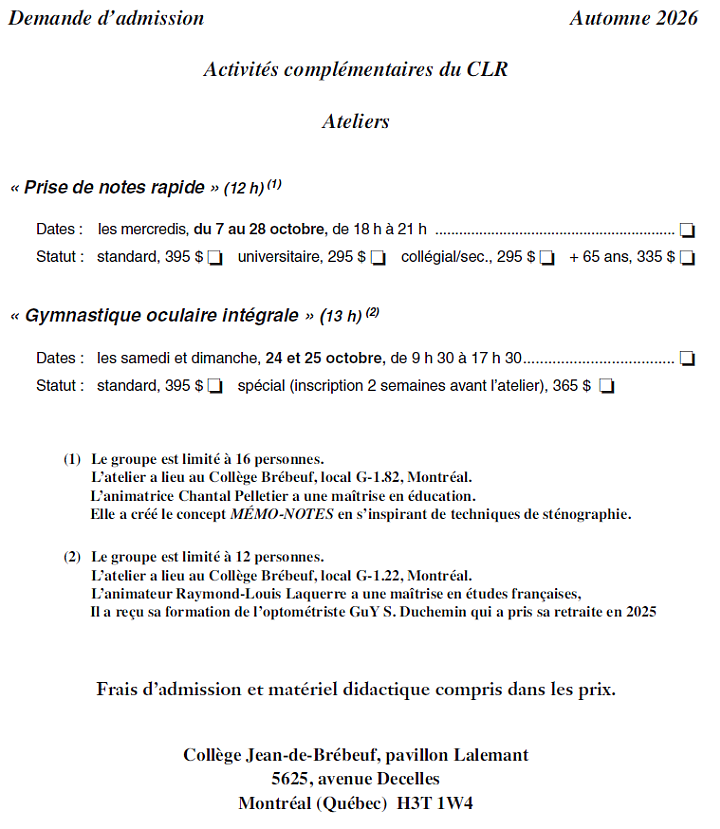 Activit�s compl�mentaires Hiver-Printemps 2026